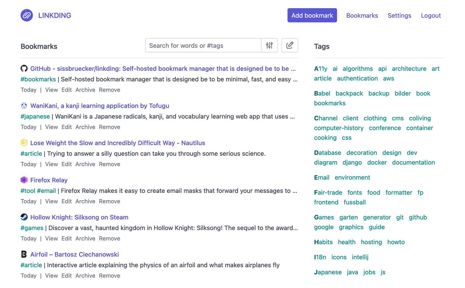 linkding running in the browser