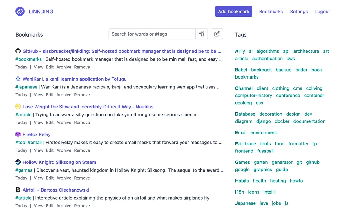 linkding running in the browser