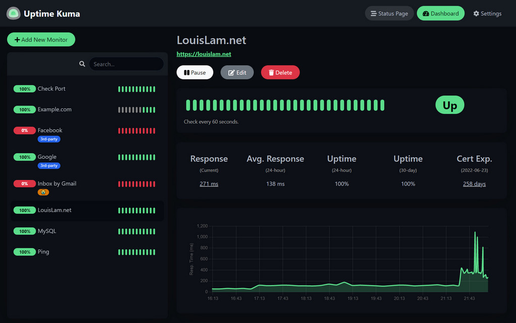 Uptime Kuma running in the browser